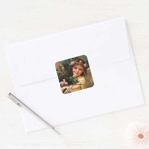 Angel with an Armful of Christmas Greenery Square Sticker
