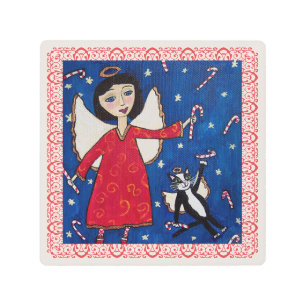 Angel With Cat Catching Falling Candy Canes in Sky Metal Print