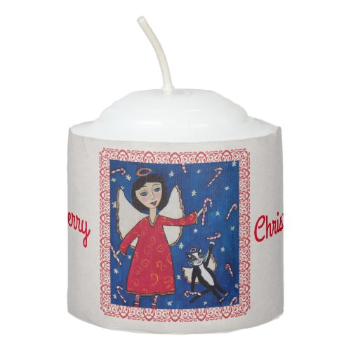 Angel With Cat Floating in Night Sky Candy Canes Votive Candle
