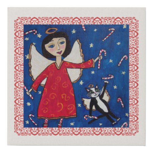 Angel With Cat Floating in Starry Sky Candy Canes Faux Canvas Print