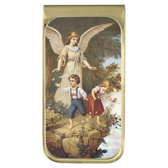 Angel with Children on a Cliff Gold Finish Money Clip (Front Vertical)