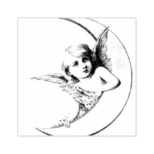 ANGEL WITH CRESCENT MOON RUBBER STAMP