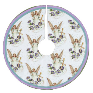 Angel With Cross And Clematis Flowers Brushed Polyester Tree Skirt