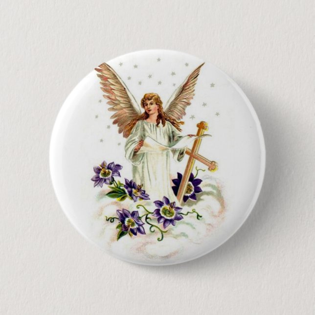 Angel With Cross And Clematis Flowers  Button (Front)