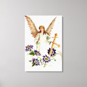 Angel With Cross And Clematis Flowers  Canvas Print