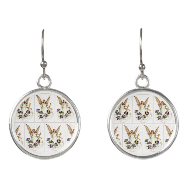 Angel With Cross And Clematis Flowers Earrings (Front)