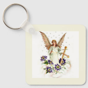 Angel With Cross And Clematis Flowers Keychain