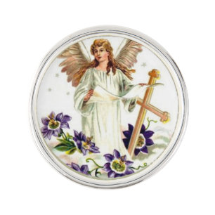 Angel With Cross And Clematis Flowers Lapel Pin