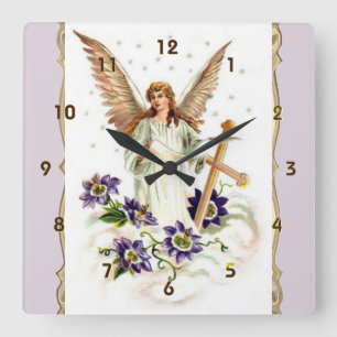 Angel With Cross And Clematis Flowers Square Wall Clock