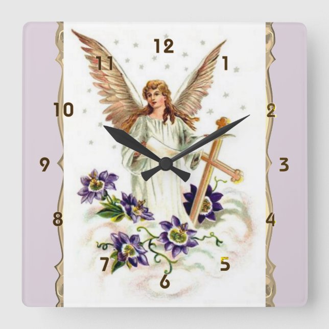 Angel With Cross And Clematis Flowers Square Wall Clock (Front)