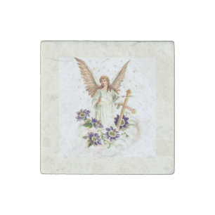 Angel With Cross And Clematis Flowers Stone Magnet