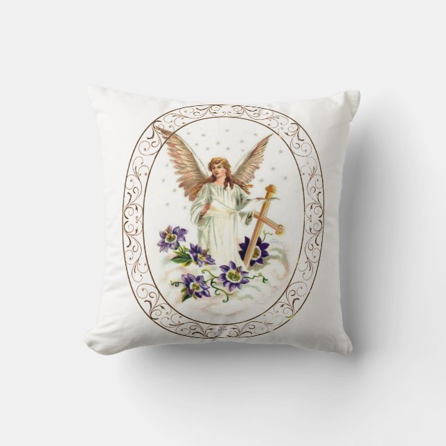 Angel With Cross And Clematis Flowers Throw Pillow (Front)