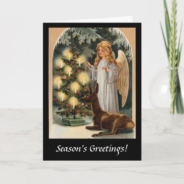 Angel with Deer and Christmas Tree Candles Holiday Card (Front)