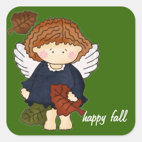 Angel with Falling Leaves Happy Fall Square Sticker