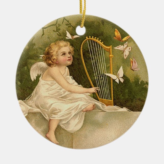 Angel with Harp and Butterflies Ceramic Ornament (Front)
