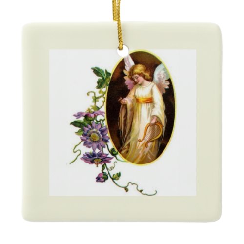 Angel With Harp And Clematis Flowers Ceramic Ornament