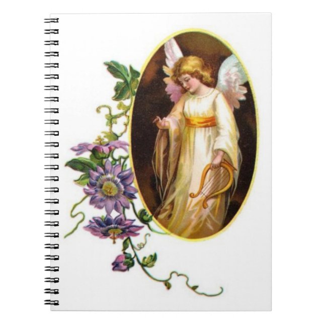Angel With Harp And Clematis Flowers Notebook (Front)