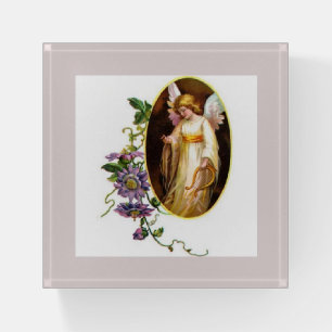 Angel With Harp And Clematis Flowers Paperweight