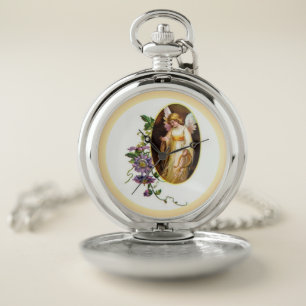 Angel With Harp And Clematis Flowers Pocket Watch