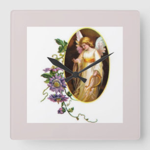 Angel With Harp And Clematis Flowers Square Wall Clock