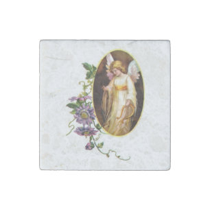 Angel With Harp And Clematis Flowers Stone Magnet