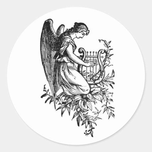 Angel With Harp And Flora Classic Round Sticker (Front)