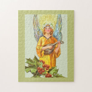 Angel With Holly And Mandolin Jigsaw Puzzle