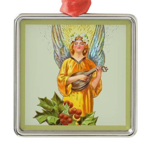 Angel With Holly And Mandolin  Metal Ornament