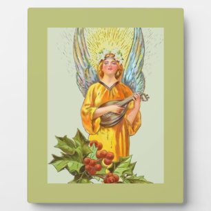 Angel With Holly And Mandolin  Plaque