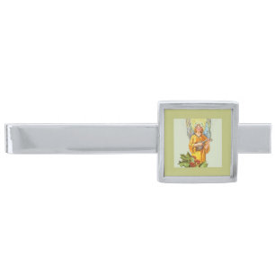 Angel With Holly And Mandolin  Silver Finish Tie Bar