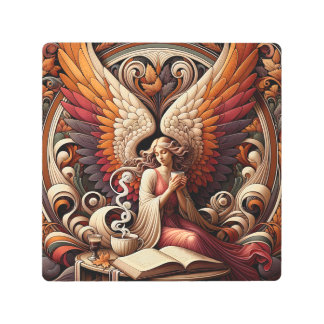 Angel with lots of coffee and a book metal print