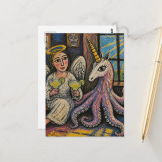angel with margaritas and octopus unicorn fantasy postcard
