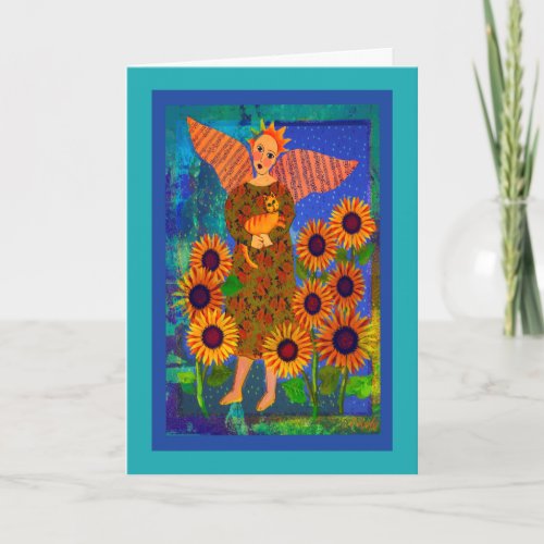 Angel with Orange Tabby Cat and Sunflowers Card