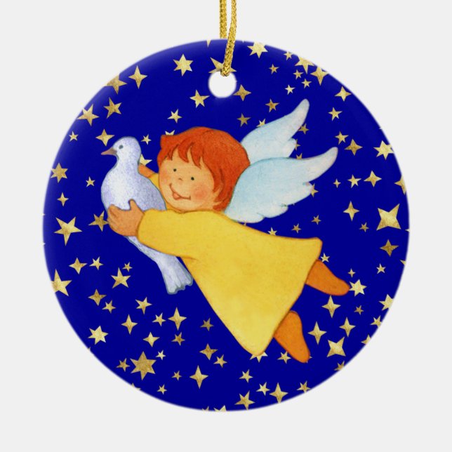 Angel with Peace Dove Ceramic Ornament (Front)