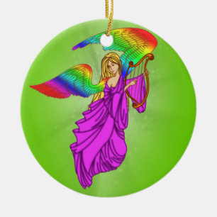 Angel with Rainbow Wings Ceramic Ornament