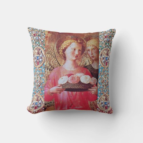 ANGEL WITH ROSES AND RED BLUE GEMSTONES THROW PILLOW