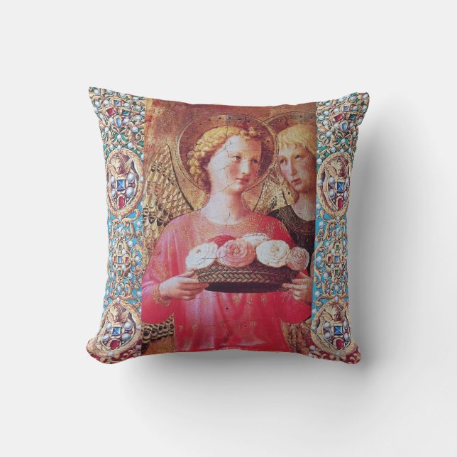 ANGEL WITH ROSES AND RED BLUE GEMSTONES THROW PILLOW (Front)
