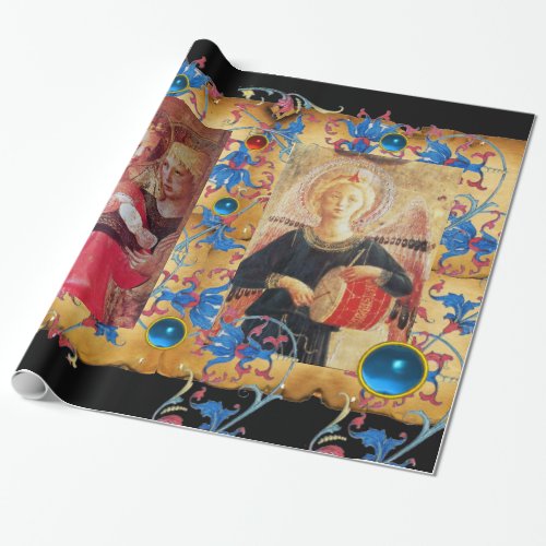 ANGEL WITH ROSES BLUE FLORAL PARCHMENT AND GEMS WRAPPING PAPER