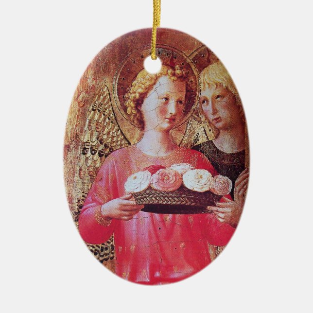 ANGEL WITH ROSES Pink Amethyst Gem stone Ceramic Ornament (Front)