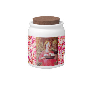ANGEL WITH ROSES Pink Floral Swirls,Peacocks Candy Jar