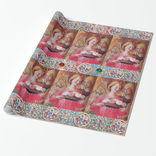 ANGEL WITH ROSES RED BLUE GEMSTONESWHITE PEARLS WRAPPING PAPER