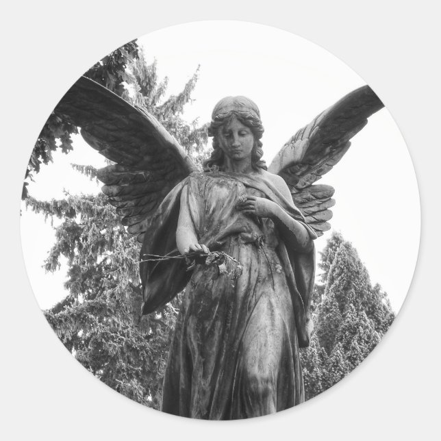 Angel With Spread Wings Holding A Flower Classic Round Sticker (Front)