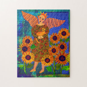Angel with Tabby Cat and Sunflowers 11x14 Puzzle