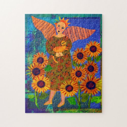 Angel with Tabby Cat and Sunflowers 11x14 Puzzle 