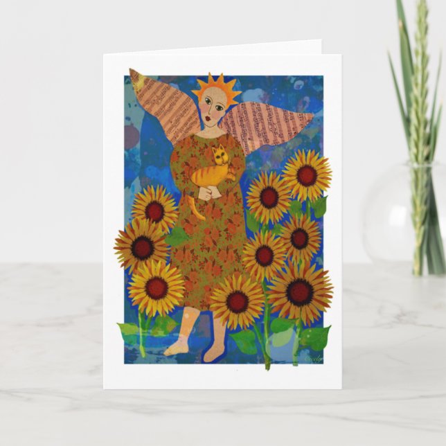 Angel with Tabby Cat and Sunflowers Note Card (Front)