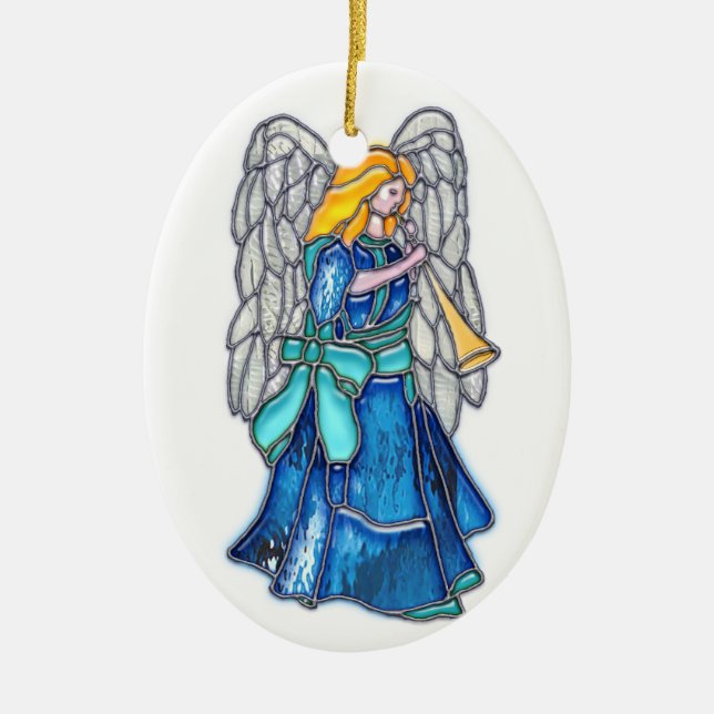 Angel with Trumpet Stained Glass Ceramic Ornament (Front)