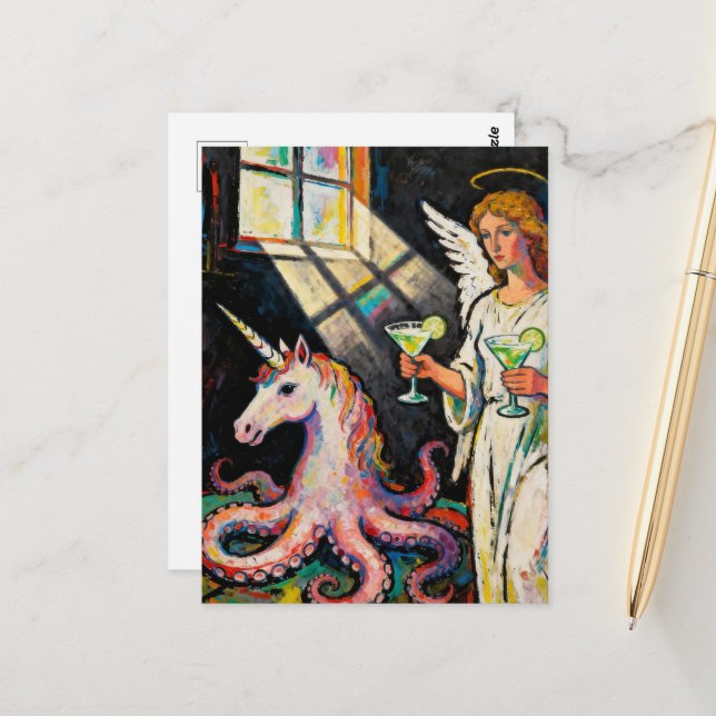 angel with two margaritas and an octopus unicorn  postcard (Front/Back In Situ)