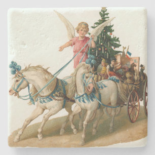 Angel With Wagon Load of Christmas Symbols Stone Coaster
