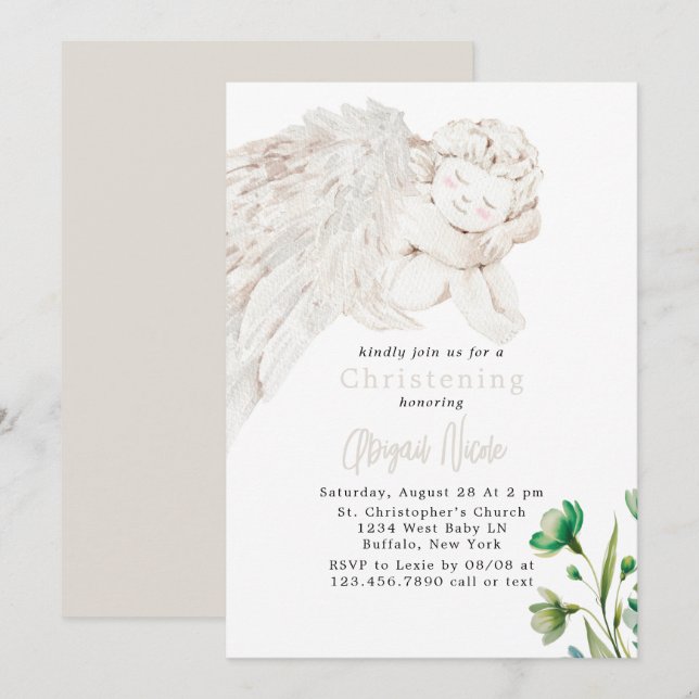 Angel with Wings Green Floral Baptism  Invitation (Front/Back)