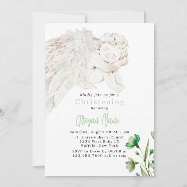 Angel with Wings Green Floral Baptism  Invitation (Front)